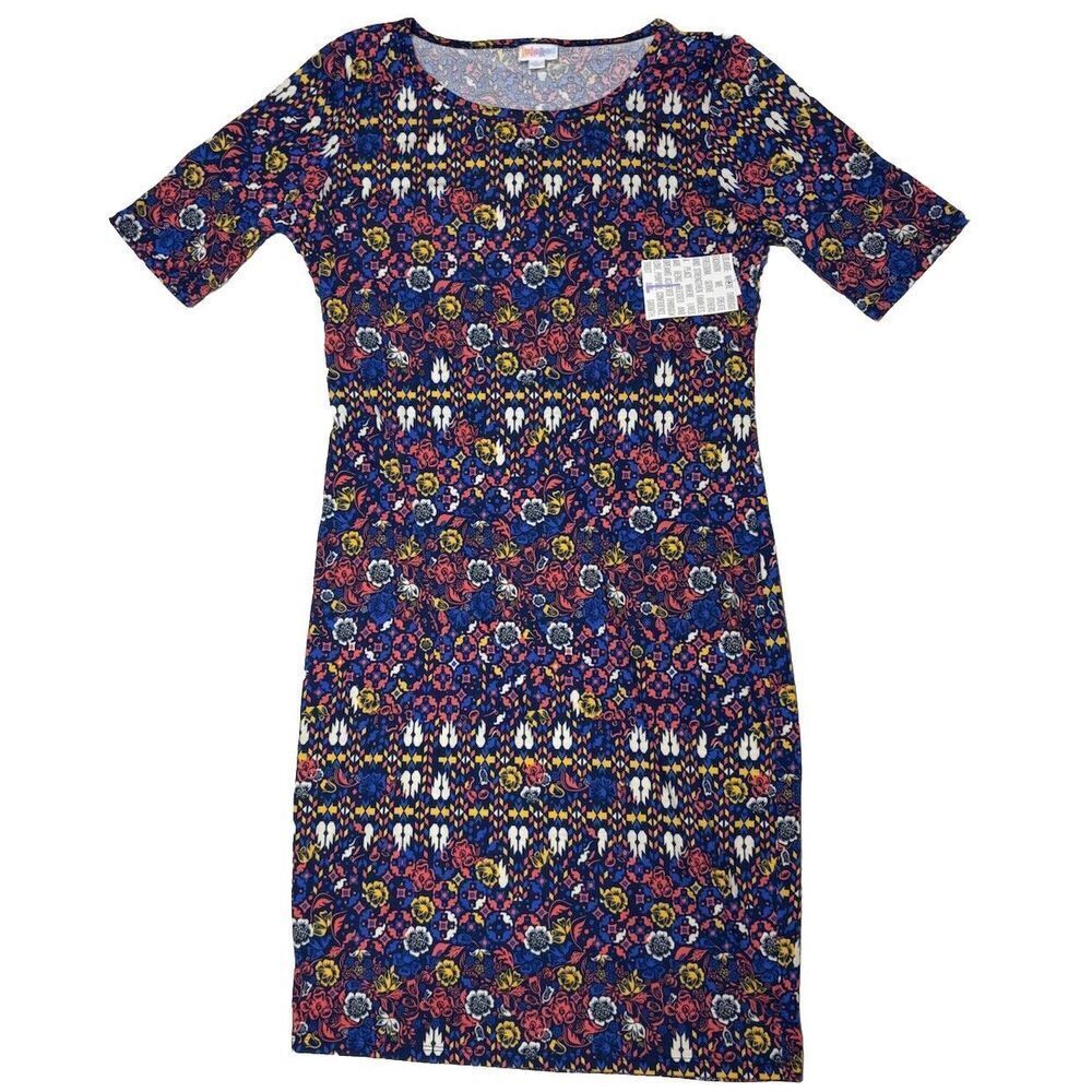 LuLaRoe Womens Dress Size Large Julia Blue Yellow‎ Pink Floral Bodycon NWT